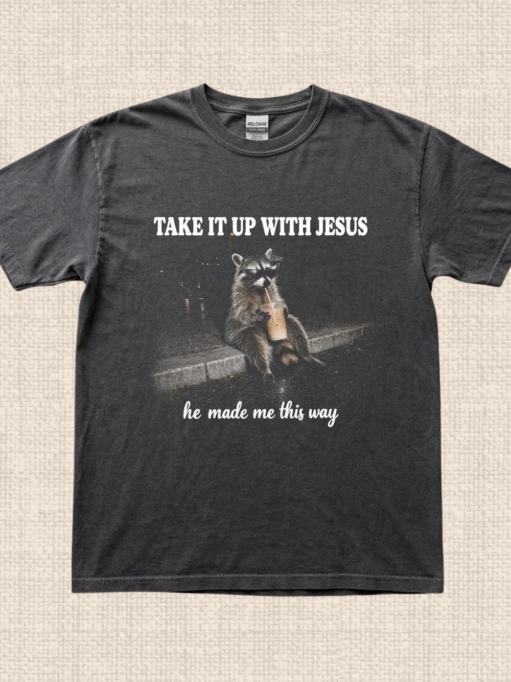 Grunge Raccoon holding bubble tea 'Take It Up With Jesus' Black graphic Tee